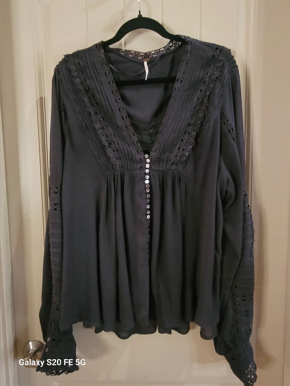 Free People Women's Dark Gray Lace-Trim Button Front Blouse